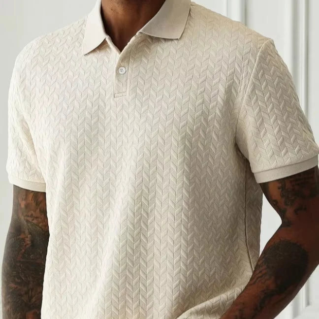NEW European American Men's Business Casual Cross-Border Supply Jacquard Short-Sleeved for Polo Top with Lapel Two-Button Design