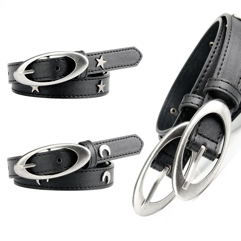 PU Leather Women's Belt Women's Jeans Buckle Belt Korean Star and Moon Women's Belt