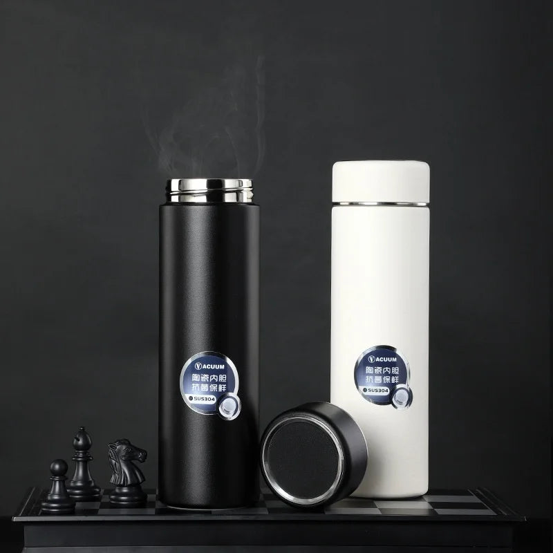 High-end Luxury Texture Tumbler Ceramic Liner Stainless Steel Vacuum Flask Coffee Thermos Hot Water Bottle with Sealable Lid