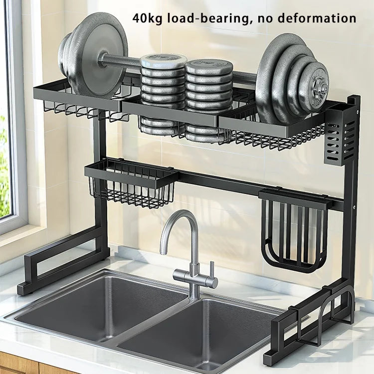 87 CM Dish Drying Racks Metal Sink Dish Drainer Shelf Carton Storage Holders & Racks Kitchen Organization Storage Black Double