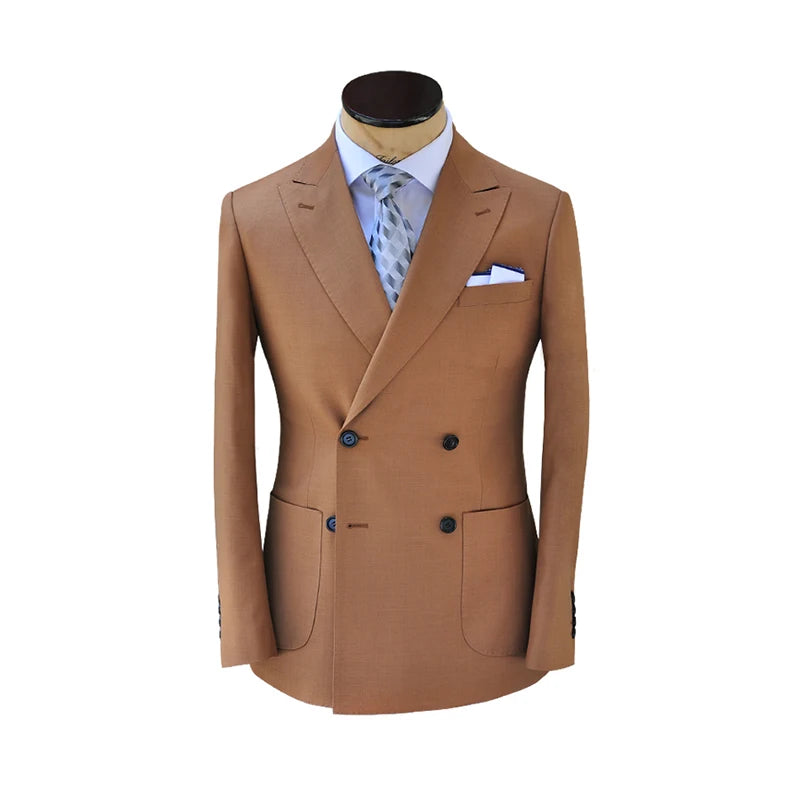 Classic Caramel Color 70% Wool Slim Version of Double-breasted Fashion Business Men's Suits for Four Seasons.