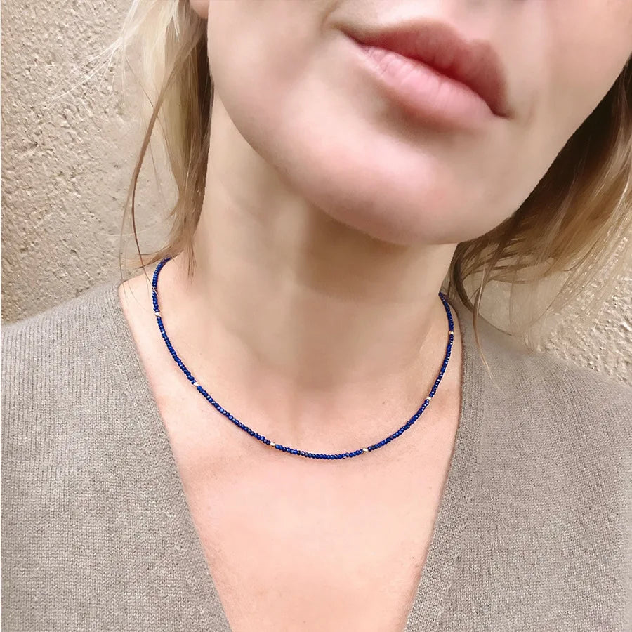 Minimalist 2mm Lapis Lazuli Healing Stone Beaded Necklace for Women Men 14K Gold Plated Adjustable Chain Choker Jewelry Gift