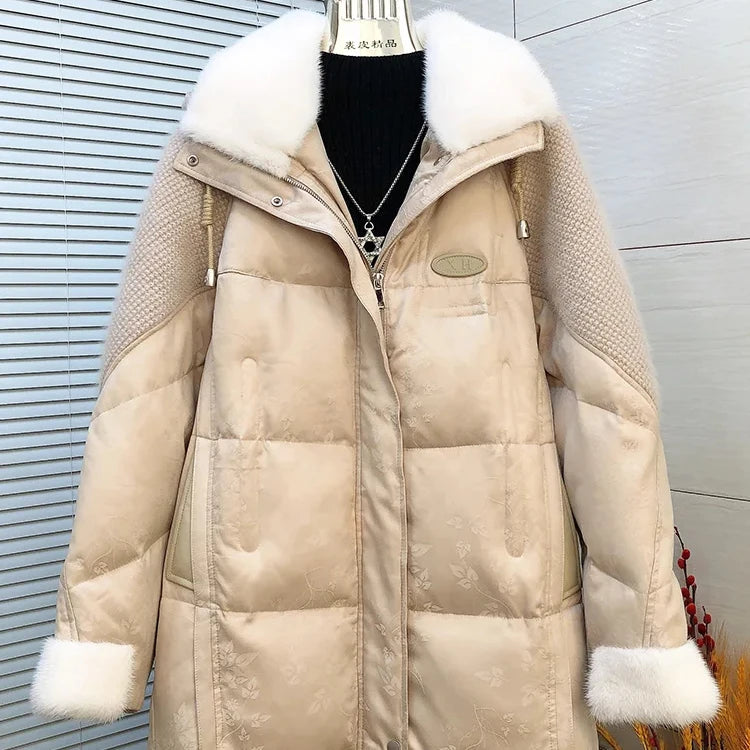 OFTBU Arrival Autumn Women Waterproof Goose Down Jacket Real Mink Fur Turn Down Collar Spliced Sheepskin Zipper Down Jacket