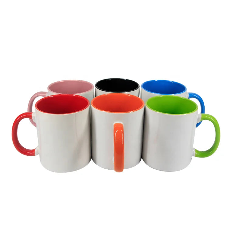 Best Selling 350ml Plain White Ceramic Sublimation Custom Logo Heat Transfer Inner Color Handle Mug