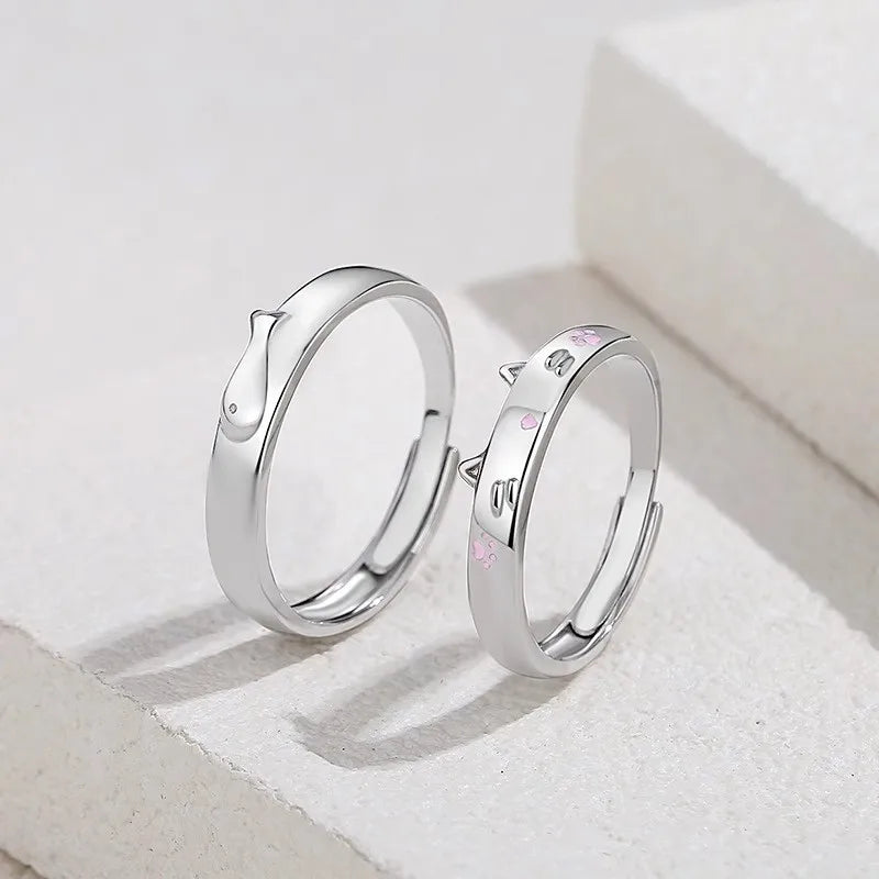 BASQUESUN Factory Wholesale Custom  New Couple Cute Cartoon Cat and Small Fish Fashion Pink Cat Claw Open Couple Pair Ring