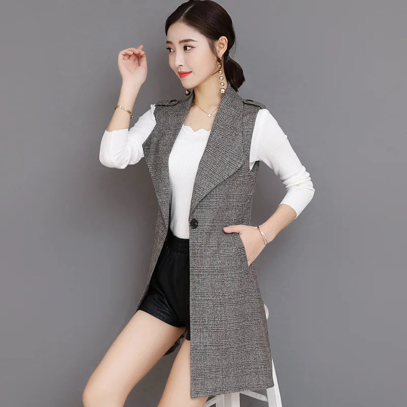 S-3XL Autumn New Plaid Vest European Retro Women's Fashion Lapel Sleeveless Casual Loose Plaid Vest Jacket Wholesale