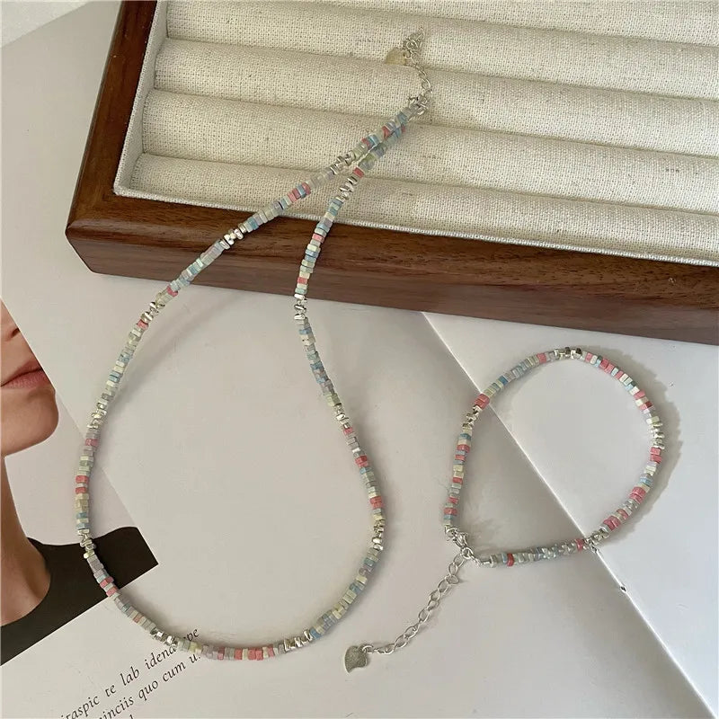 100% Real 925 Sterling Silver Geometric Colorful Beads Beaded Bracelets Necklaces Jewelry Sets Women Fine Jewelry
