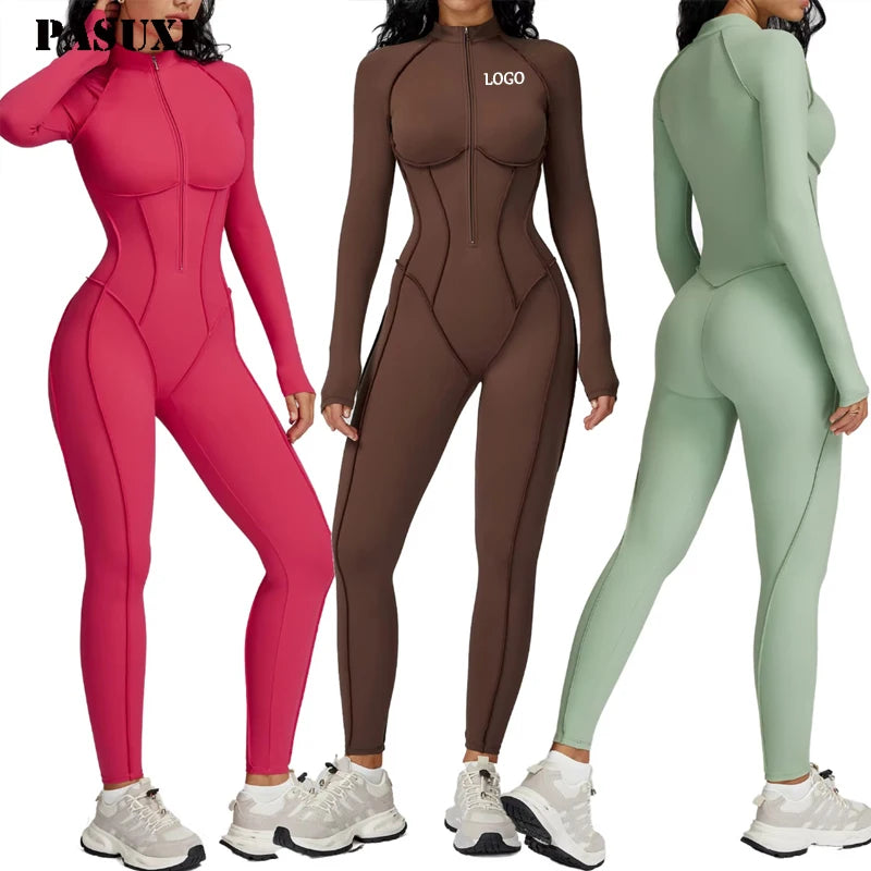 Women's High-Intensity Yoga Jumpsuit Contrast Color Stand Collar Fitness Suit with Half Zip Moisture-Wicking Stretch Fabric