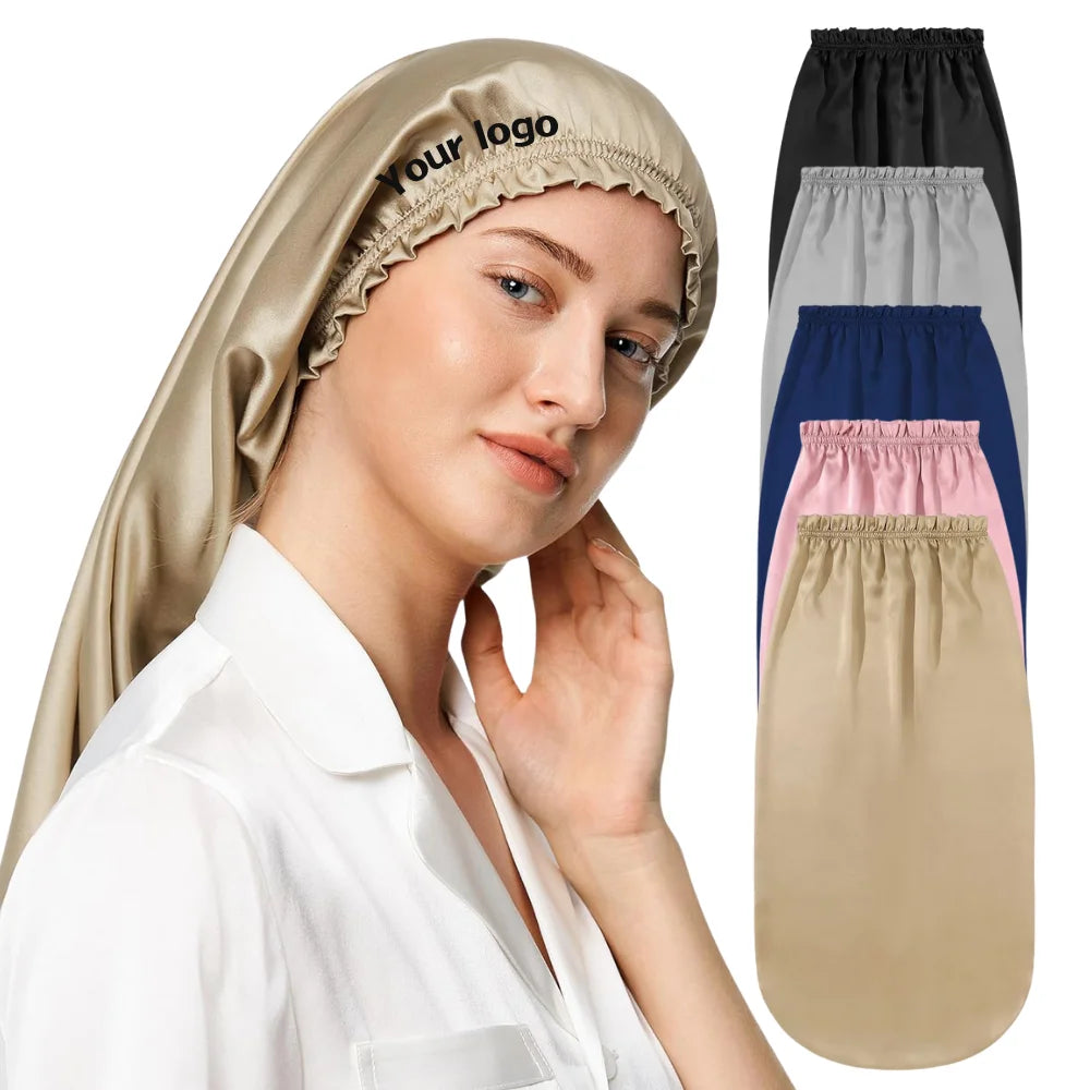 QINGYAN Wholesale Long Bonnets Comfortable With Ruffle Edge Elasticity Satin Long Tube Hair Care nightcap Sleeping Hat