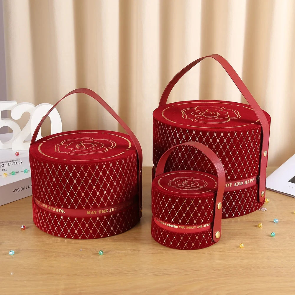 In Stock Red Goil Stamping Cylinder Cardboard Paper Gift Boxes Wedding Round Velvet Gift Box