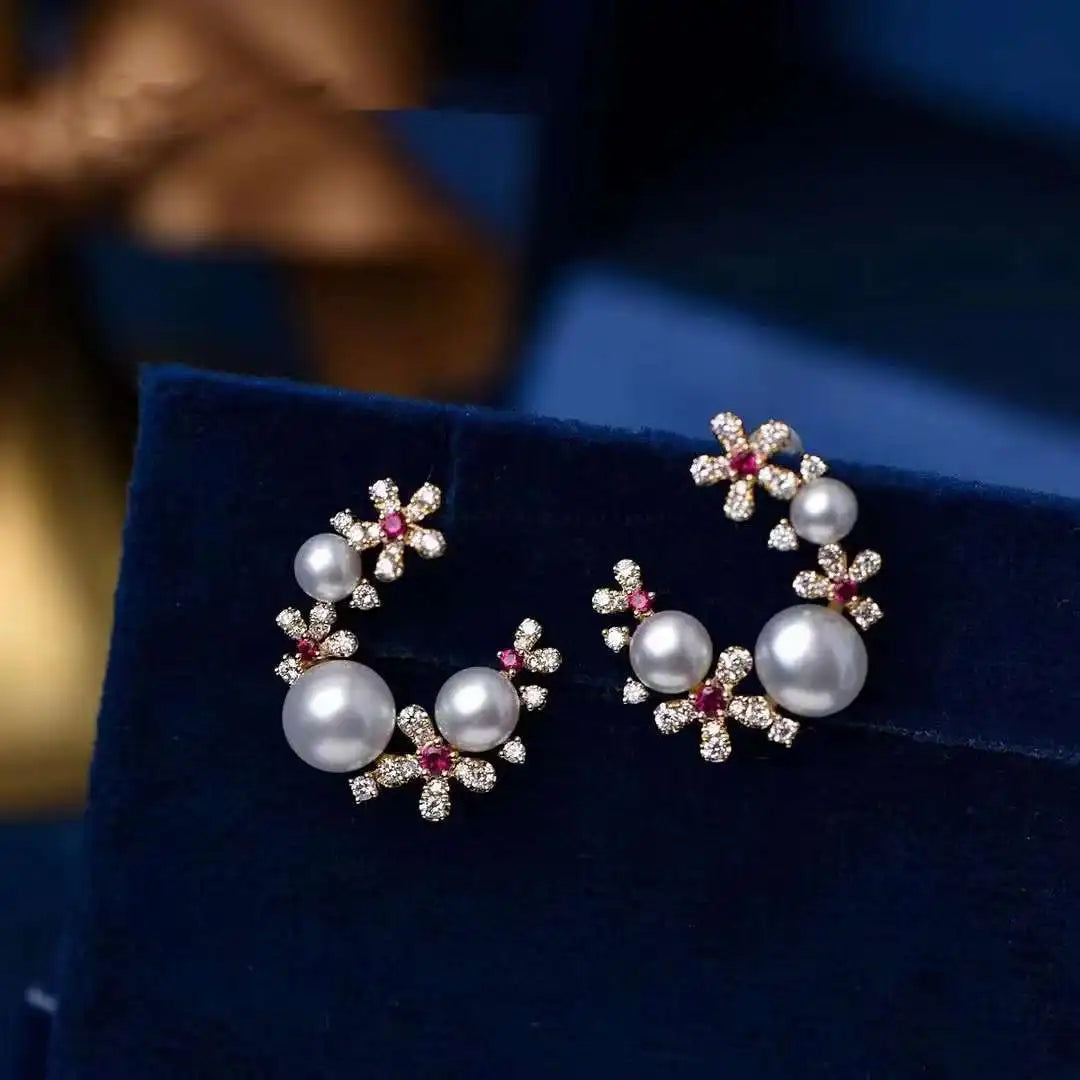 Latest Popular Brand Stud Earrings Colorful Iris Flower Design 3-5mm Natural Freshwater Pearls Gold Plated AAAA Grade Women's