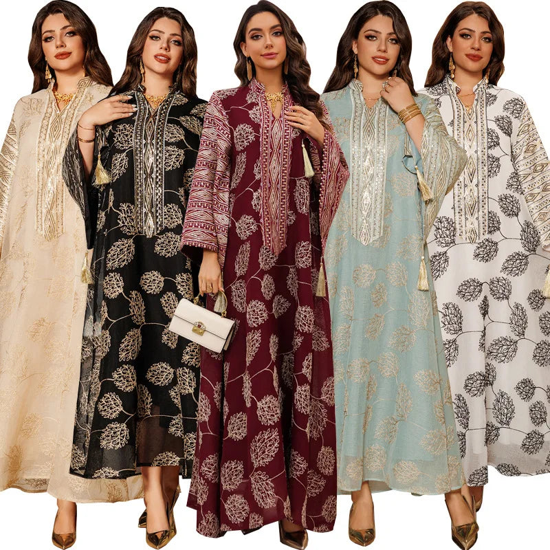 AB423 Luxury Abaya Women Muslim Dress Long Sleeve Embroidered Sequined Robe Middle Eastern Kaftan Dresses Muslim Evening Dress