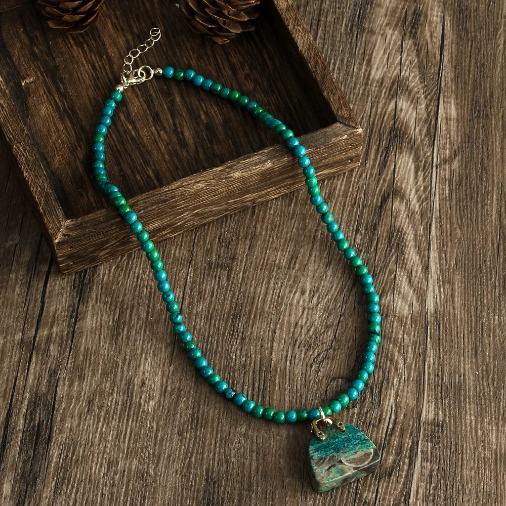 New Fashion Bohemian Women Jewelry 4mm Natural Stone Handcrafted Beaded Choker Natural Stone Handbag Pendant Necklace
