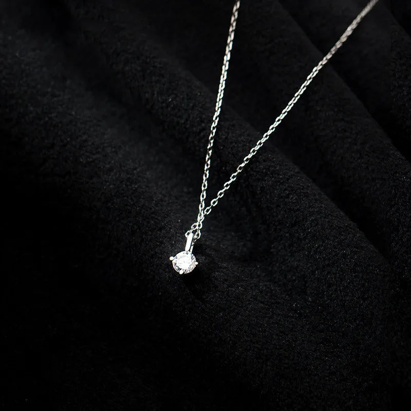 Korean Style Single Clear Diamond 925 Sterling Silver CZ Pendant Necklace for Women