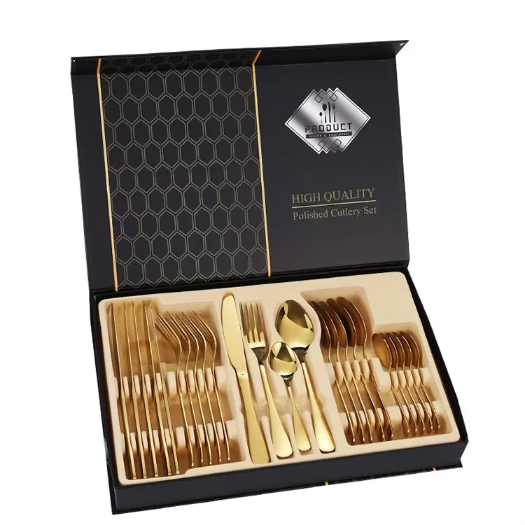 European 1010 Hotel Business Gift 24/16 Pcs Golden Gift Box Set Stainless Steel Cutlery for Home Use Western Tableware