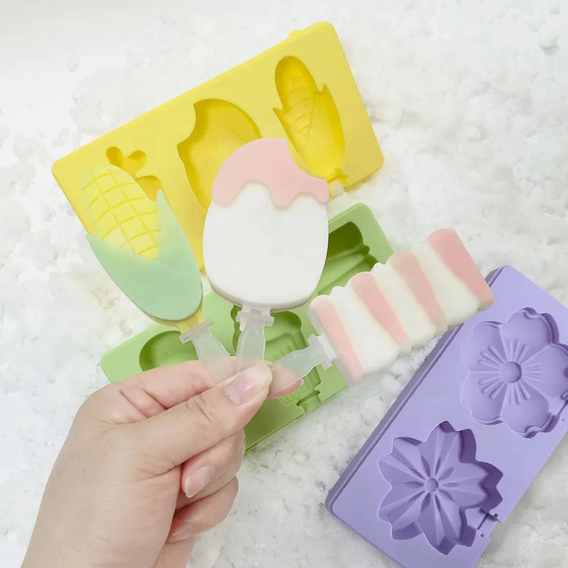 2 Cavity 3 Cavity Cute Cartoon Animal DIY Reusable Ice Cream Tools Ice Pop Lolly Stick Popsicle Tray Silicone Ice Cream Molds