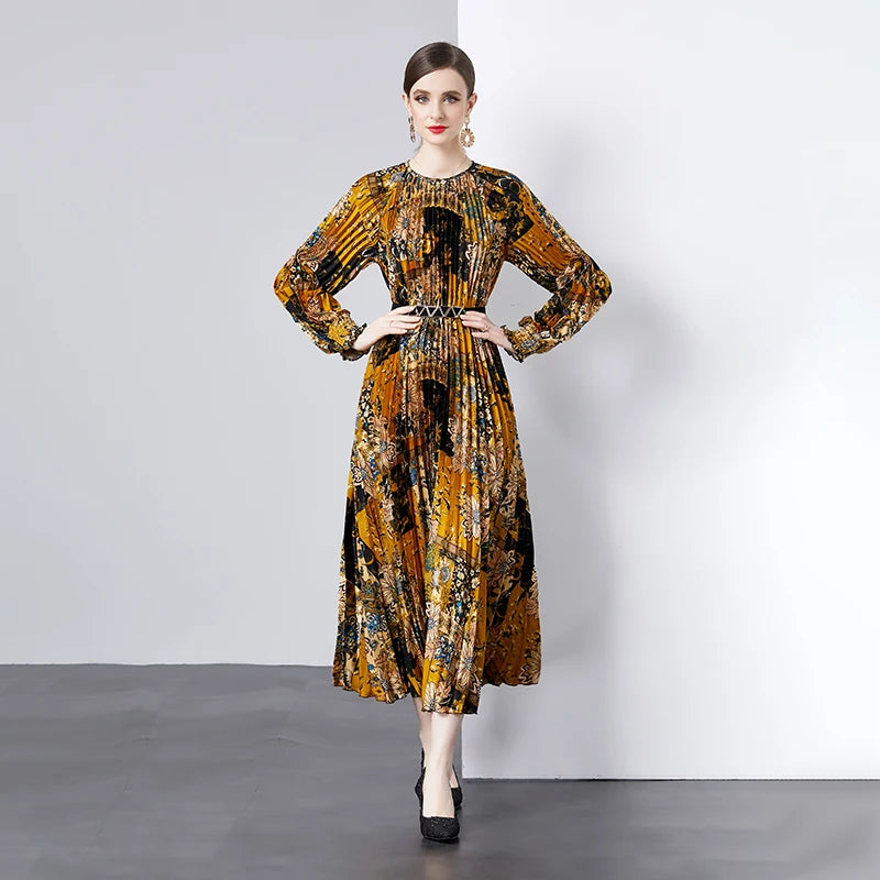 High Quality Fairycore Bow Collar Knee-Length Chiffon Ruched Long Sleeve Women's Elegant Floral Lace Dress