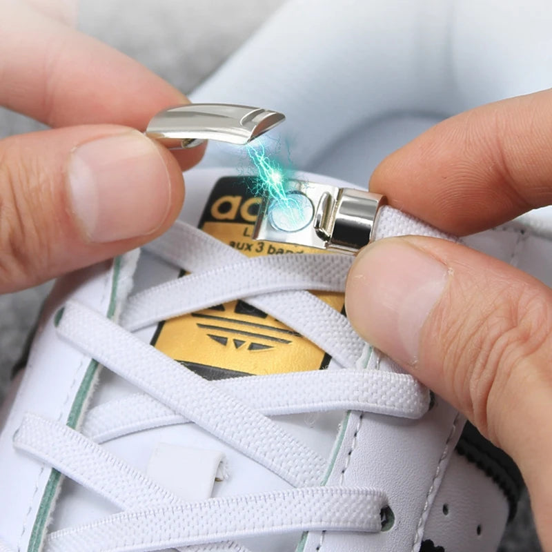 Magnetic Lock Elastic Polyester Shoe Laces for Flat Sneakers Easy-On Easy-Off Lazy for Shoelace Metal Locking No Tie