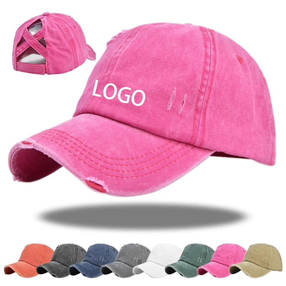 Custom Design New Upgraded Women Cross Hat High Ponytail Baseball Caps Adjustable High Messy Bun Ponycap Trucker Hats