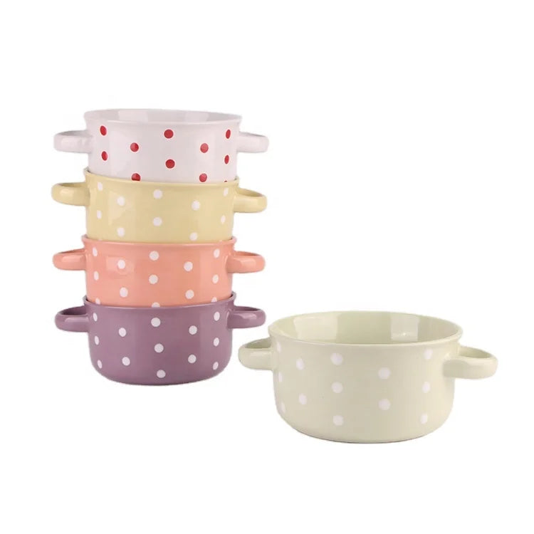 Wholesale Cheap White Polka Dot Color Glazed Ceramic Rice Bowl Salad Bowl Ramen Bowl Ceramic for Home and Restaurant