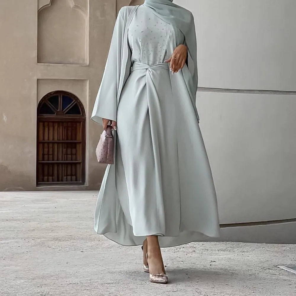 Loriya Islamic Clothing Women's Dresses Outfit Cardigan Inner Dress Wrap Skirt With Diamonds 3 Piece Abaya Set Eid Abaya