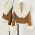 OFTBUY 2025 Women's Winter Jacket Short Suede Leather Mongolian Fur Collar Thick Motorcycle Leather Coat Warm Casual Streetwear