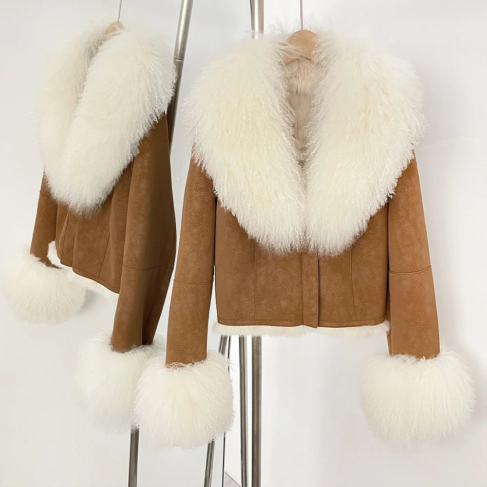 OFTBUY 2025 Women's Winter Jacket Short Suede Leather Mongolian Fur Collar Thick Motorcycle Leather Coat Warm Casual Streetwear