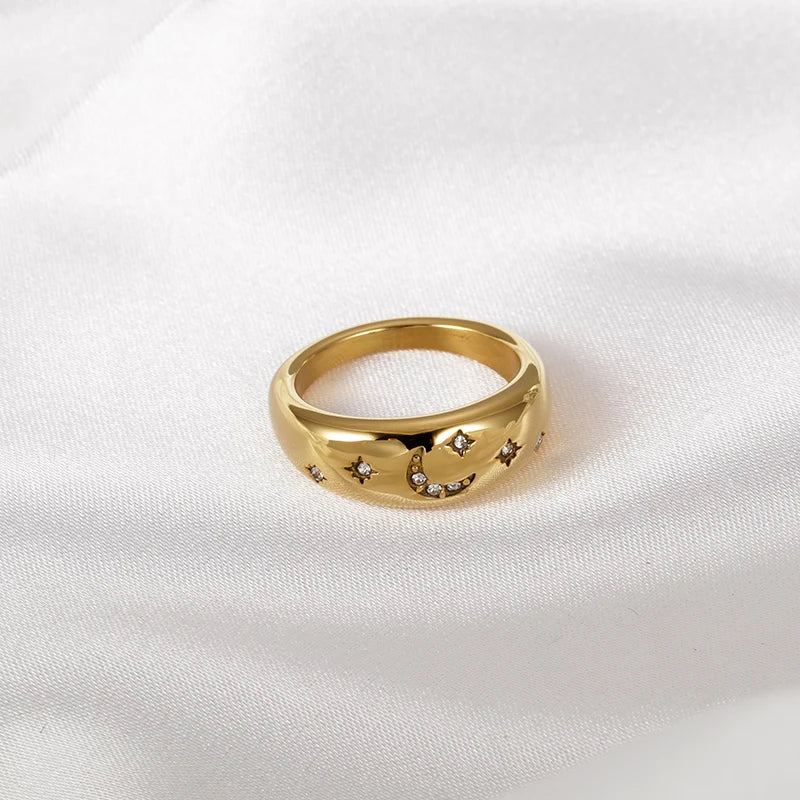 High Quality Minimalist  Star and Moon 18K Gold Celestial Zircon Domed Chunky Ring