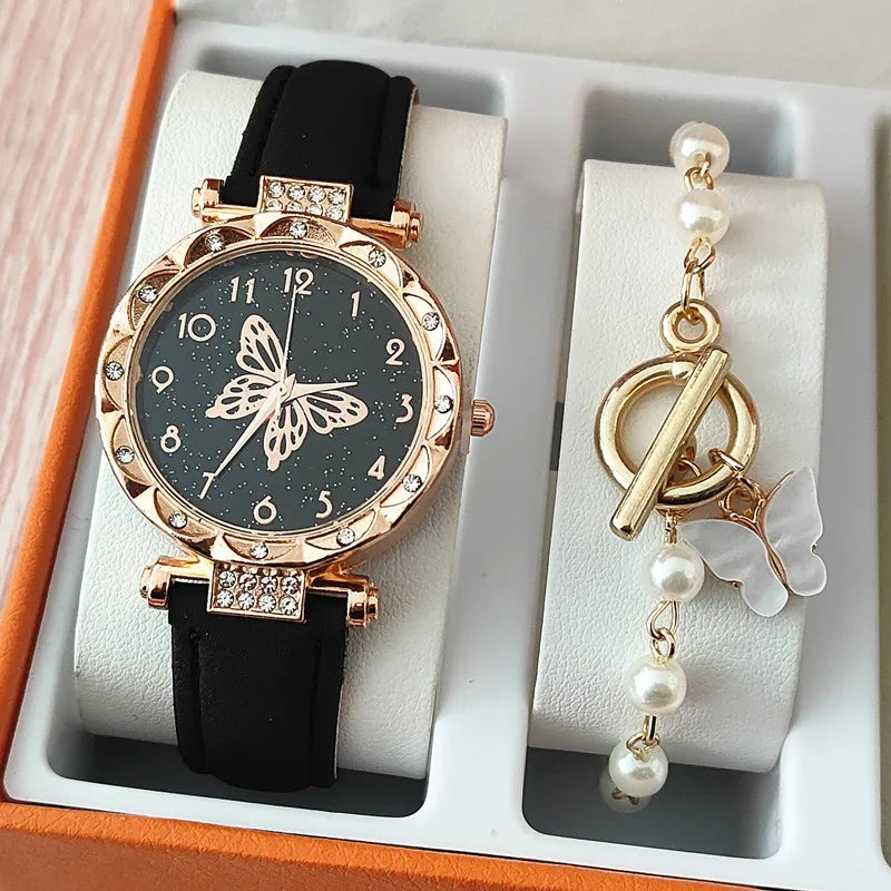 2024 Factory Direct Crystal Setting Watch Women Cheap Watch 2pcs Sets Ladies Watches Pearl Bracelet