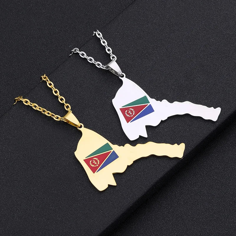 Manufacturer 18K Gold Plated Enameled Eritrea Map Link Chain Necklaces Stainless Steel Enamel Eritrea Flag Map Pendant Necklace
