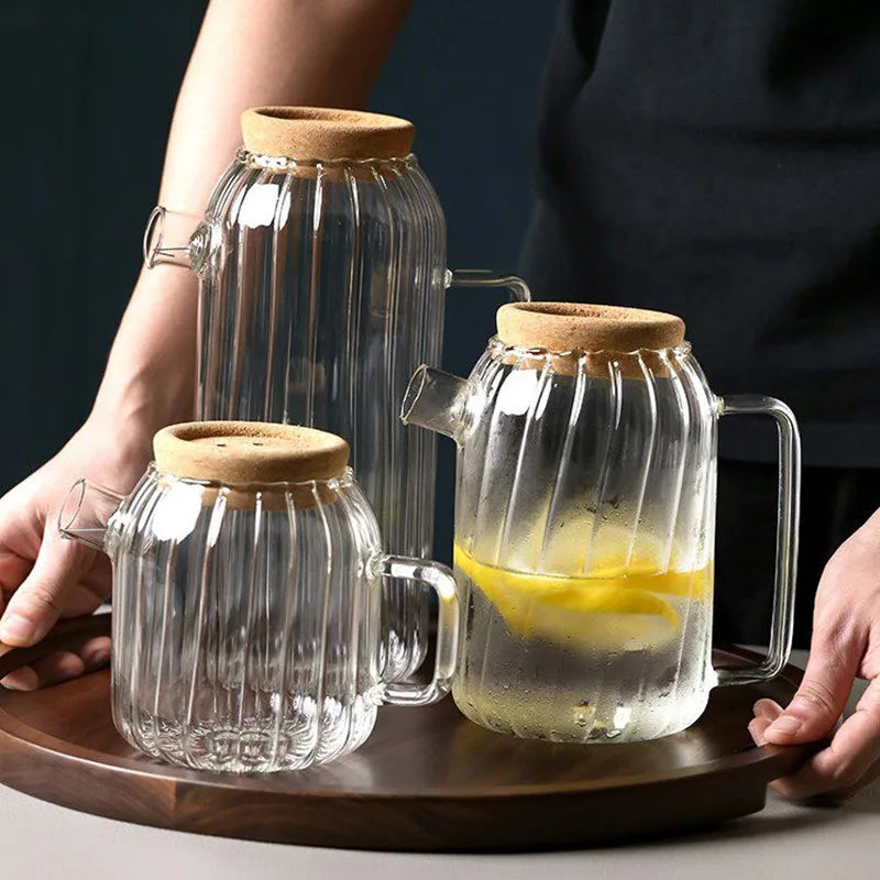 New Arrival Wonder Household Borosilicate Glass Teapot Kettle Set Cork Lid Handmade Clear Striped Heat Resistant BPA Free Pot