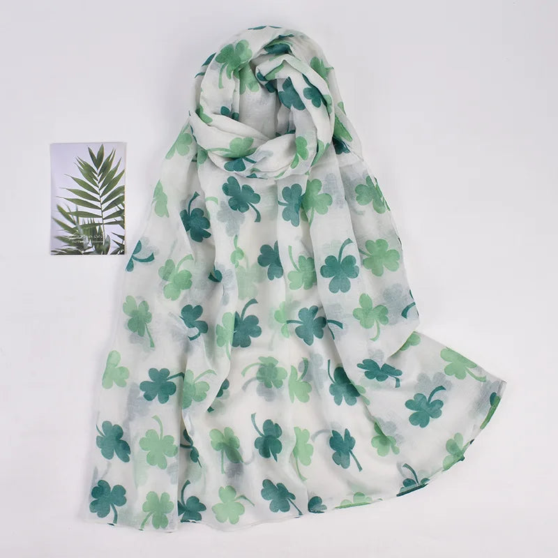 Irish Saint Patrick's Day New Fashion Shamrock Printed Long Scarf Balinese Yarn Voile Viscose Cotton Linen Women's Shawl Scarf