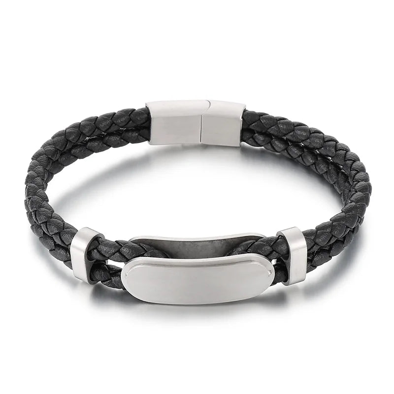 KALEN 215mm Men Vintage Gold/Silver/Black Stainless Steel&Cowhide Leather Bracelet With Blank Plate for Logo