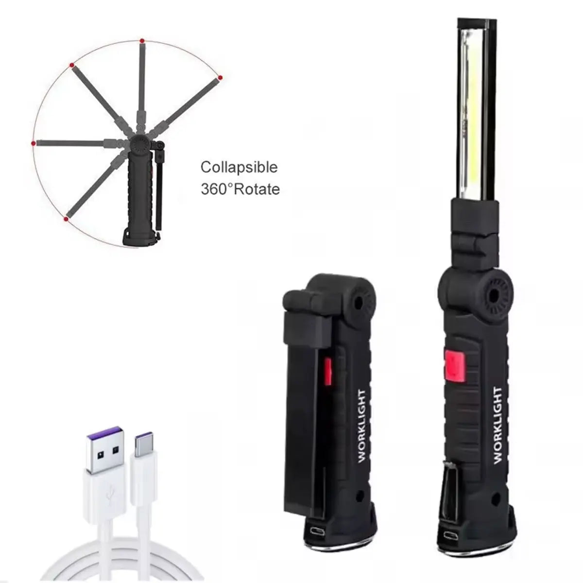 Portable COB LED Flashlight USB Rechargeable Work Light Built-in Battery Camping Torch 80 Lantern Hanging Lamp