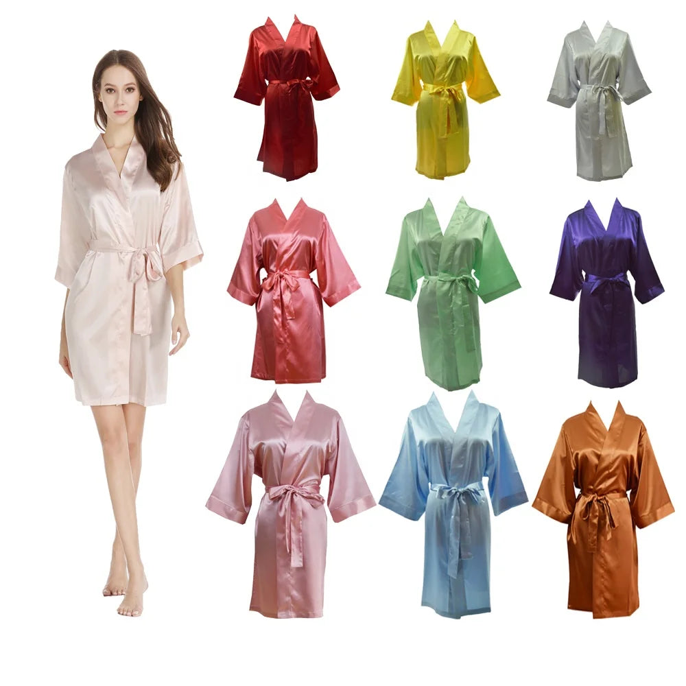 Luxury Bridal Wedding Robes 55 Colors Solid Stock Robe De Satin Women V-neck Knee Length Three Quarter Bridesmaids Wedding Gowns
