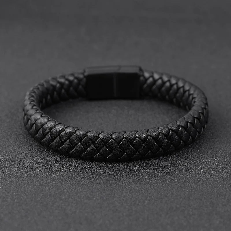 Punk Classic Woven Braided Genuine Leather Bracelet Stainless Steel Custom Bracelet for Men