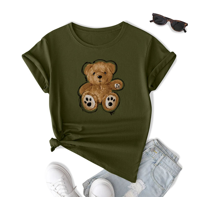 2025 New Casual Women's T-Shirt Breathable Cotton Logo Solid Super Soft Comfortable Crew Neck Cute Doll Bear Loose Fit