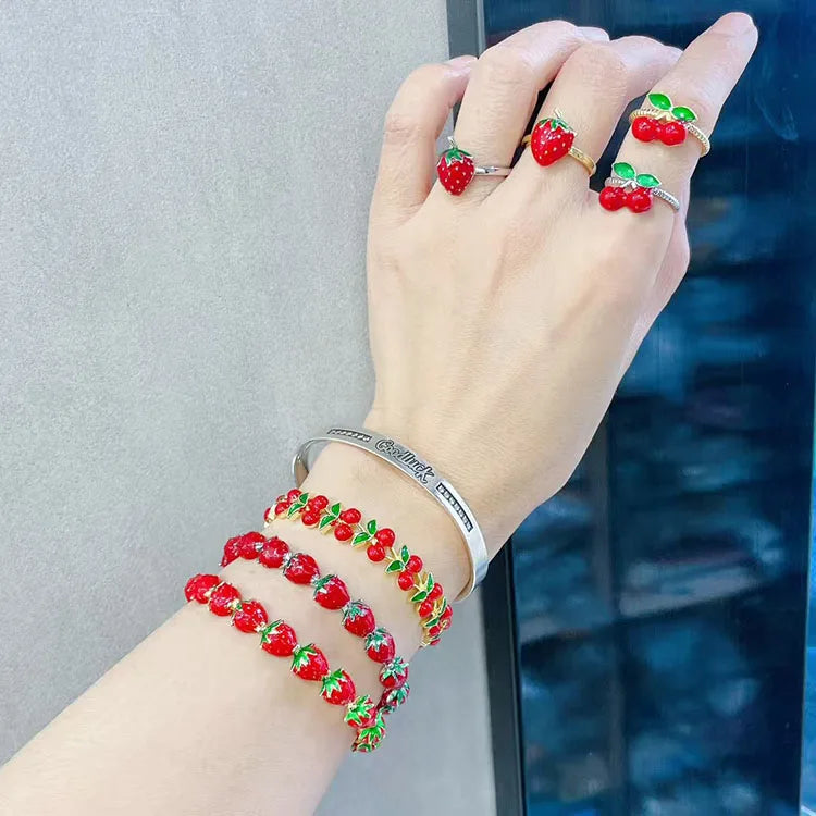 BA1088 Funky 18k Gold Plated Rainbow Colorful Enamel Red and Green Strawberry Cherry Cuff Bangle Bracelet for Women Ladies