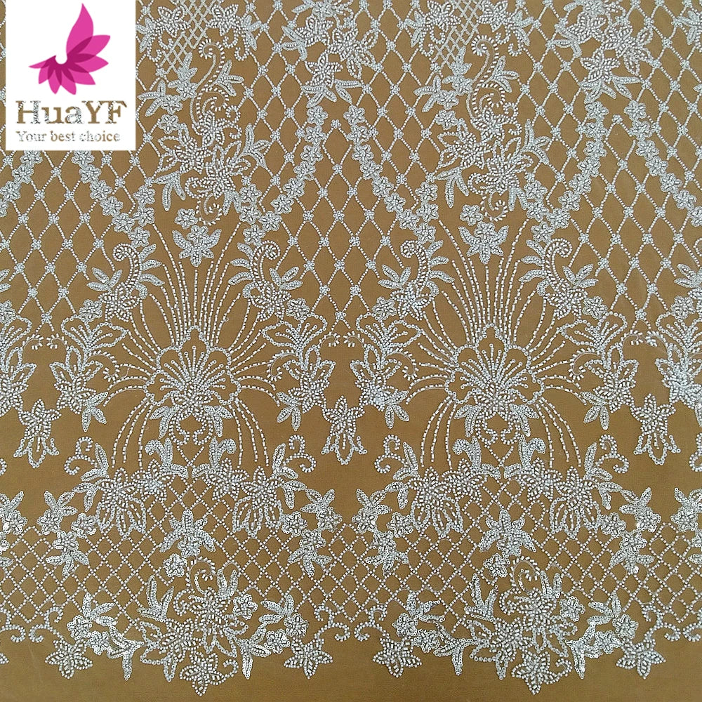 HY3025 New French White Heavy Beaded Wedding Bridal Lace Classical Embroidery Sequins Lace With Pearl