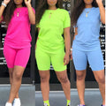 10%OFF Wholesale Fall Plus Size Womens 2 Piece Neon Clothing Short Sets 2 Piece Set Neon Outfits Tracksuit Crop Top Biker Set