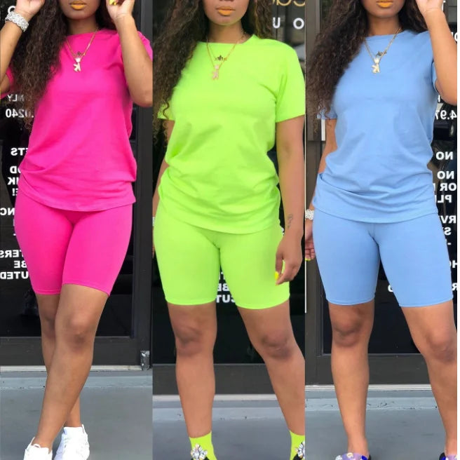 10%OFF Wholesale Fall Plus Size Womens 2 Piece Neon Clothing Short Sets 2 Piece Set Neon Outfits Tracksuit Crop Top Biker Set