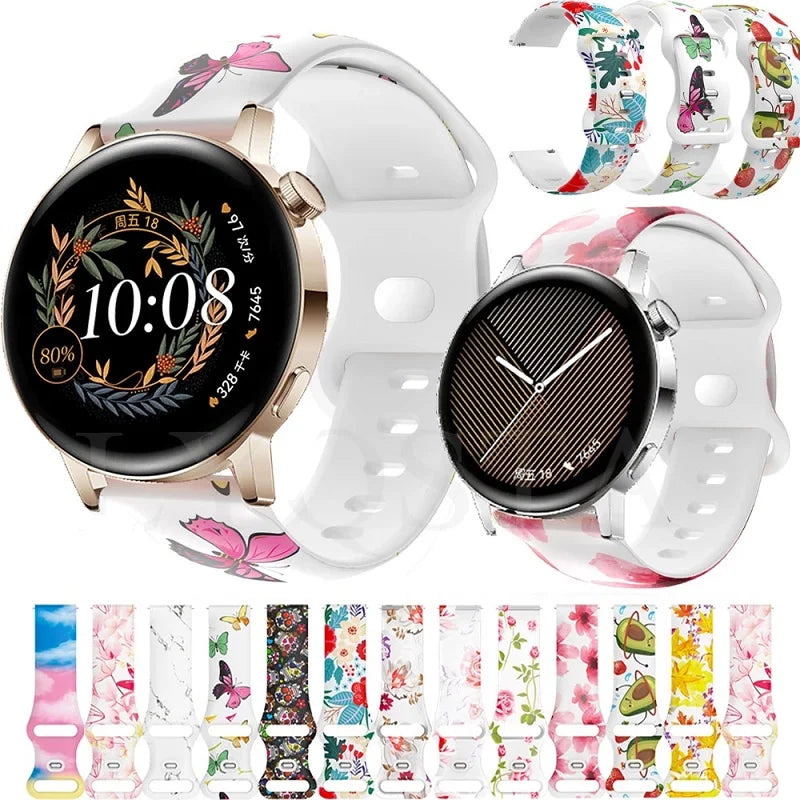 YHQ New Printed Waterproof Silicone Strap with Butterfly Clasp for Samsung Galaxy Active 2 Huawei Watch 4 GT2 Ladies Band