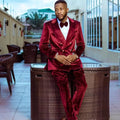 Dark Red Velvet Costume Homme Mariage Men's Wedding Tuxedos Suits Wedding Party Gowns Two Pieces Mens Jacket Pants