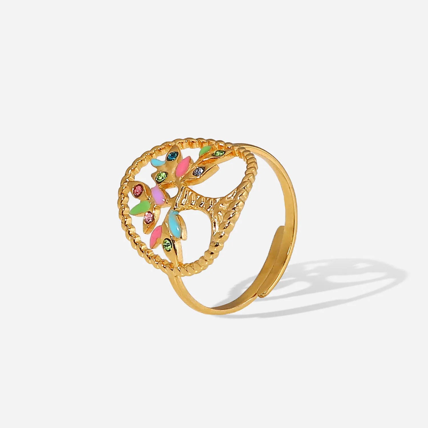Wholesales Gold Plated Stainless Steel Enamel Jewelry Colorful Stone Tree Ring for Women