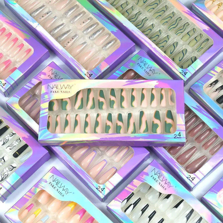 Fast Shipping Super Sticky 24Pcs Faux Ongle Wholesale Long Coffin Fake Nails Packaging Box Nail Press on