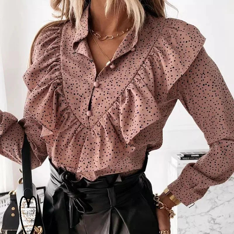Retro Polka Dot Print Ruffled V-Neck Blouse Shirts Women Elegant Autumn Long Sleeve Tops Casual Office Lady Button Blouses Blusa