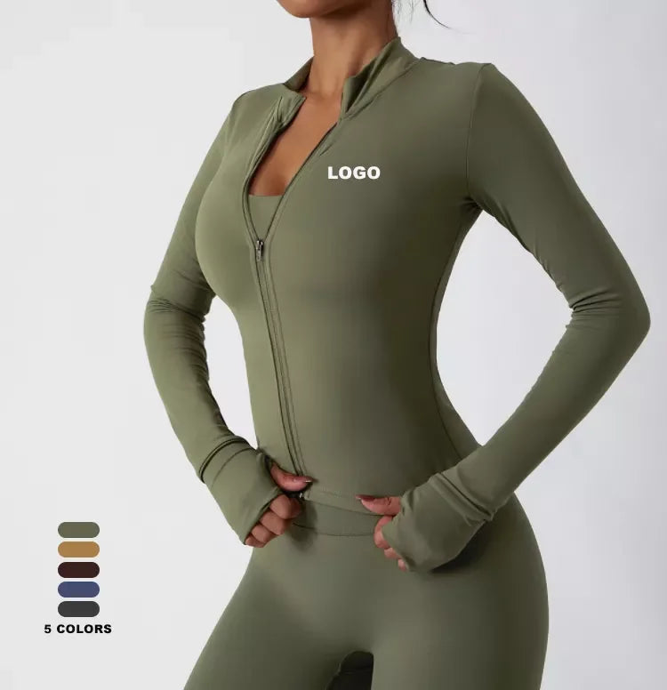 Women Custom Logo Fashion Fitness Ribbed Biker Gym Fitness Sets Long Sleeve Recycled Nylon Fitness Sports Jackets