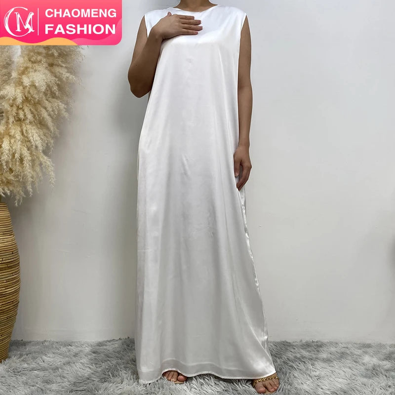 6595* Lightweight Solid Color Crew Neck Abaya Inner Dress Sleeveless Smooth Satin slip Dresses for Summer Season With Lining
