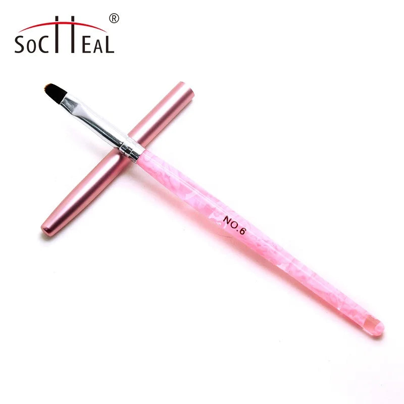 Socheal Oem Pink Acrylic Handle Gel Oval Nylon Nail Art Brushes with Lid