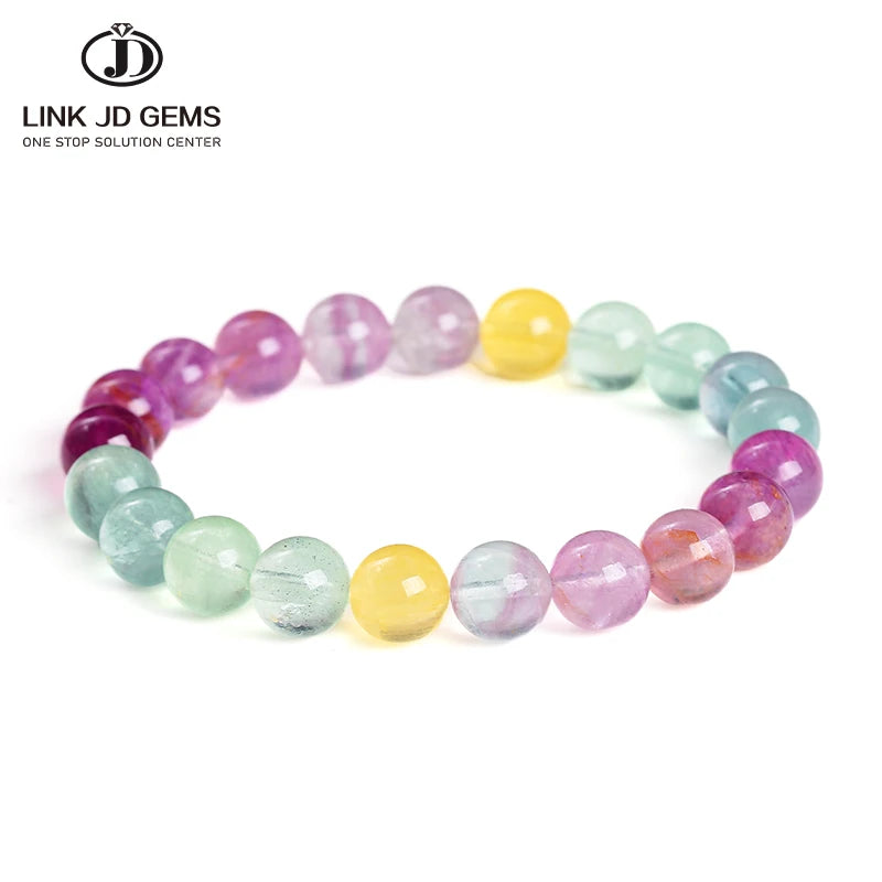 JD 5A Natural Stone Multicolor Rainbow Fluorite Bead Bracelet Women Reiki Healing Lucky Stretchy Mala Bangles Crystal Jewelry